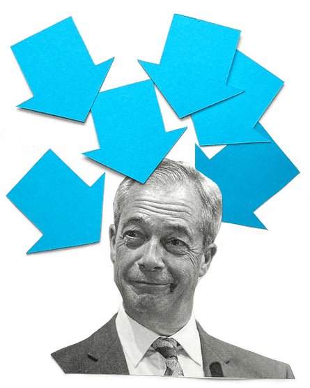 Black and white photo of Nigel Farage with blue arrows pointing to his head