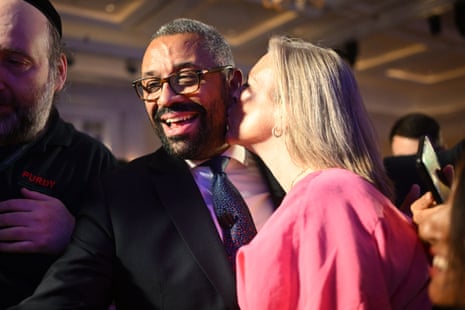 James Cleverly getting a kiss from his wife, Susannah Janet Temple Cleverly, at his campaign event this morning.