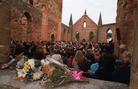 Three hundred people attend a memorial service in the convict-built church at Port Arthur on the first anniversary of the massacre