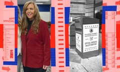 Composite image of woman in red suit and ballot box