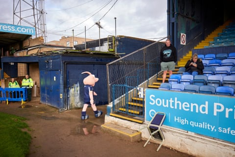Sammy the Shrimp, the Southend United FC club mascot, at Roots Hall stadium. 