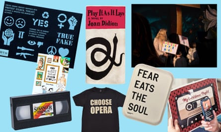 Clockwise from top left: Protest stencil toolkit, Play It As It Lays beach towel, Hannah Starkey: Inspire Sisterhood print, Christmas playlist advent calendar, Fear Eats The Soul tea tray, ENO Choose Opera T-shirt, Stranger Things VHS tape light, Why Is Art Full of Naked People.