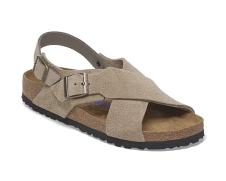 A taupe Birkenstock Tulum Soft Footbed Suede sandal.