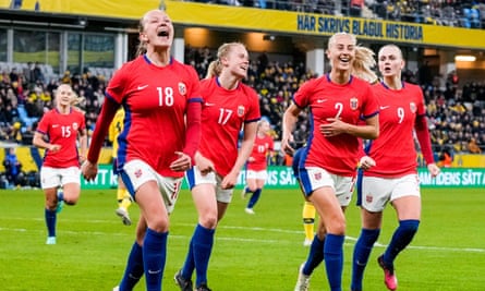 Norway’s Frida Leonardsen Maanum (left) celebrates after scoring a last gasp equaliser against Sweden in a 3-3 friendly at Gamle Ullevi in Gothenburg