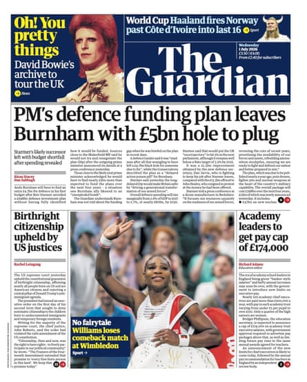 Front page of the Guardian 1 July 2026