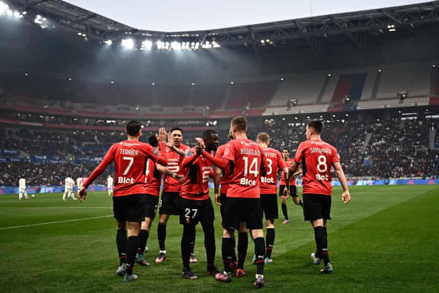 Rennes players enjoy their 4-2 win over Lyon.