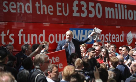Boris Johnson speaks in front of the famous Brexit battle bus in York during the Vote Leave campaign tour of the UK in May 2016.