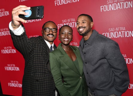 Ryan Coogler, Lupita Nyong’o and Michael B Jordan at a screening of Sinners in New York in December.