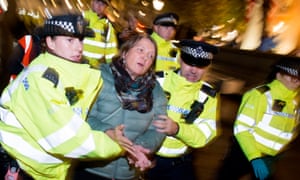 Police arrest Ellie Chowns, a Green party MEP, while clearing the Extinction Rebellion site at Trafalgar Square on Monday night.