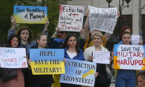 Wives of Azov Battalion servicemen rally at an earlier protest in Kyiv on 3 May.