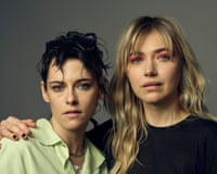 Closeup of Imogen Poots with her arm around Kristen Stewart