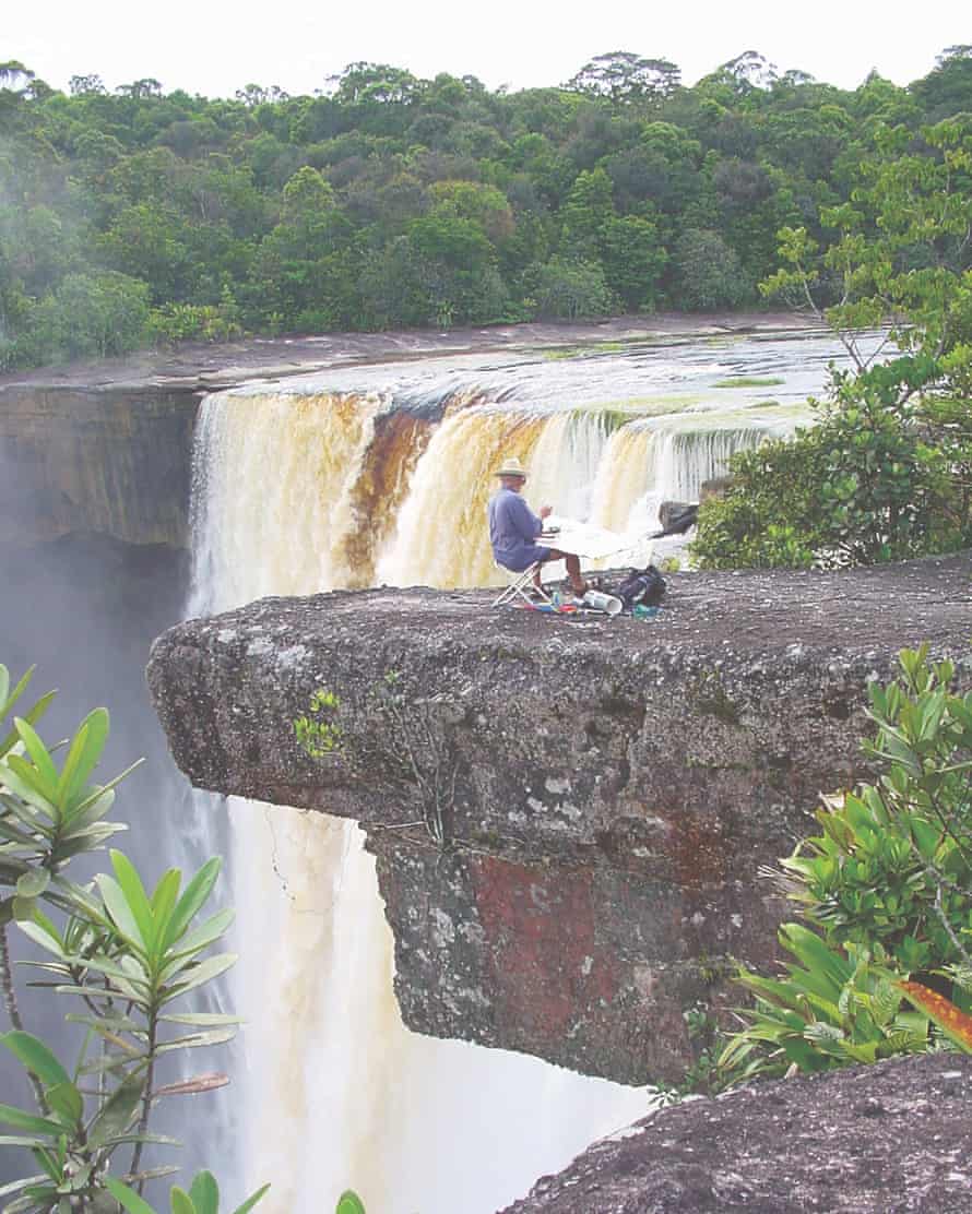 Tony Foster painting at Kaieteur Falls, Guyana.