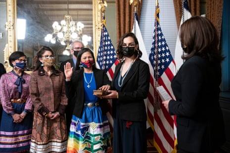 Haaland in Washington at the ceremony on Thursday. Haaland, a member of the Laguna Pueblo tribe, is the first Native American Cabinet secretary in US history.