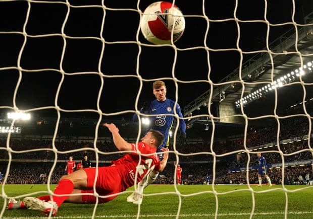 Timo Werner slams home Chelsea’s opening goal during their rout of Chesterfield.