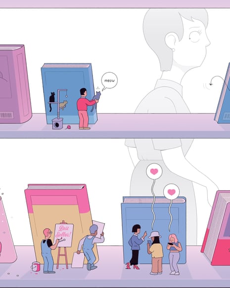 Illustration of a person walking past a bookshop while tiny people try to promote the books