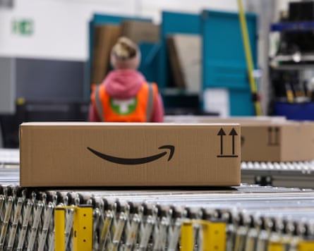 An Amazon package on a conveyer belt.