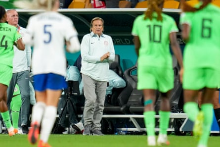 Nigeria’s head coach Randy Waldrum looks on during the last-16 World Cup game against England.