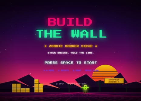 A title screen from the White House’s Build the Wall arcade game, showing a vaporwave desert landscape.
