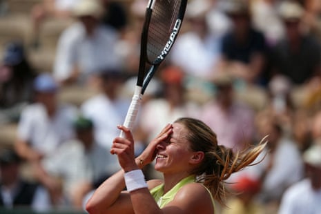 Maja Chwalinska celebrates after beating Maria Sakkari