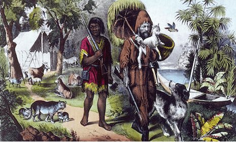 A 1719 illustration of Robinson Crusoe and Man Friday on the desert island.