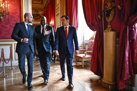 Jean-Noel Barrot, David Lammy and Marco Rubio talk before a bilateral meeting in Paris in April 2025.