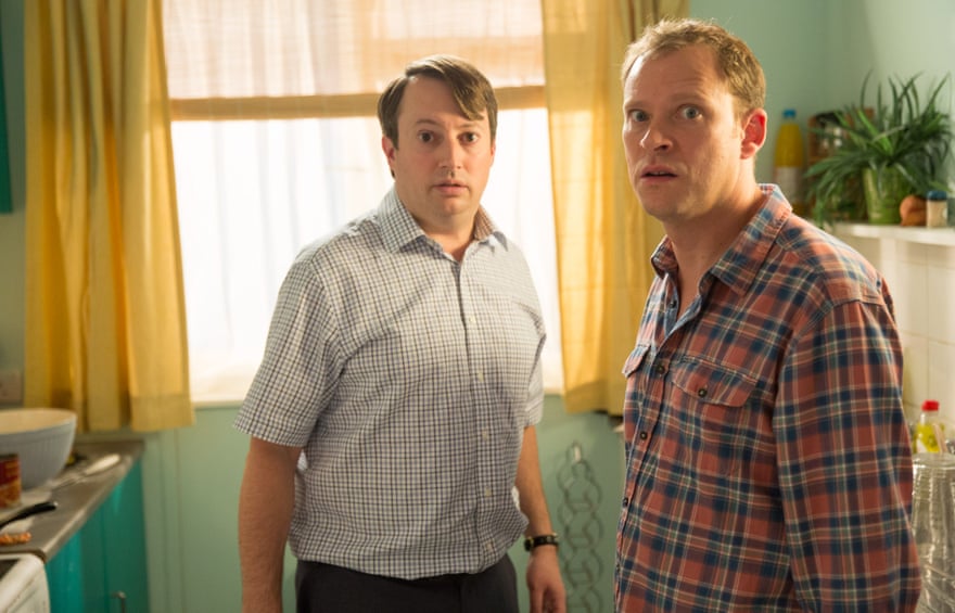 From left:  David Mitchell as Mark and Robert Webb as Jeremy in Peep Show Series 9: Episode 3