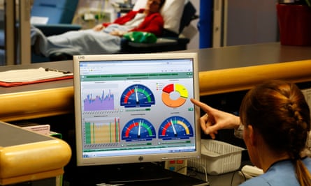 Nurses examining data on a computer in a hospital ward in Glasgow.