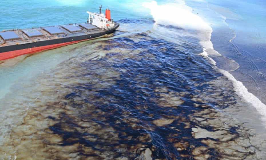Oil drifts over coral reefs from the MV Wakashio, a Japanese-owned carrier ship that ran aground off the south-east coast of Mauritius.