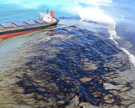 An oil spill off Mauritius after a bulk carrier ship hit the coral reefs, 2020.