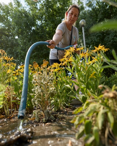 Renáta waters plants with a hosepipe