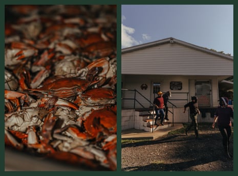 Freshly boiled crabs at G.W. Hall Seafood, left. As their lunch break begins, employees at G.W. Hall Seafood rush home.