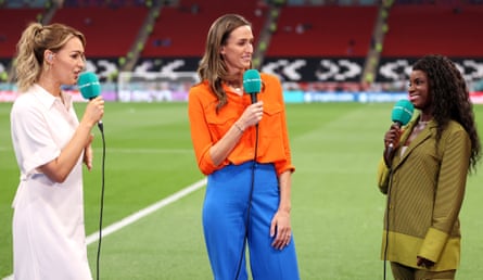 Laura Woods, Jill Scott and Eni Aluko of ITV Sport before the World Cup quarter-final between England and France in Qatar.