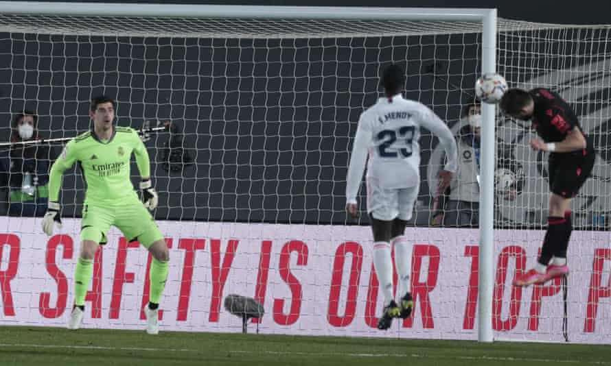 Real Madrid frustrated despite late equaliser in draw with Real Sociedad | La Liga 1 Portu (right) rises above Ferland Mendy to give Real Sociedad the lead in Madrid.