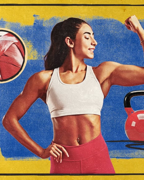 Illustration shows young woman flexing a bicep and images of muscle structure plus a kettle bell