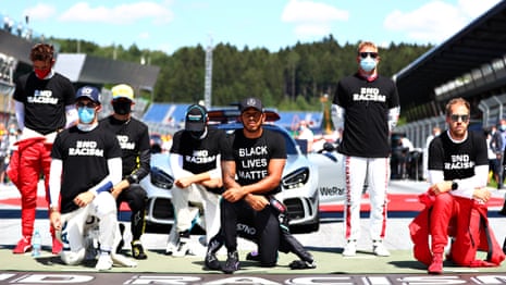 Lewis Hamilton taking a knee with other drivers before the Austrian Grand Prix in July 2020.
