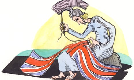 Illustration of Theresa May as Britannia stitching union flag together, by Andrzej Krauze