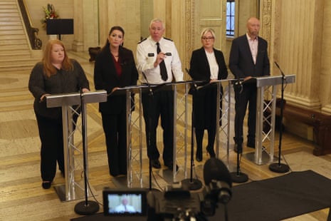 justice minister Naomi Long, deputy first minister Emma Little-Pengelly, PSNI chief Constable Jon Boutcher, first minister Michelle O'Neill and chair of the policing board Brenda Mullan.