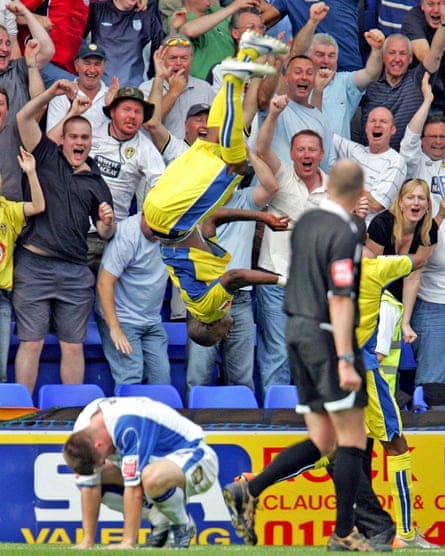 Tresor Kandol celebrates after scoring an 89th-minute winner against Tranmere Rovers in August 2007. This was Leeds’ first ever game in the third tier of English football.