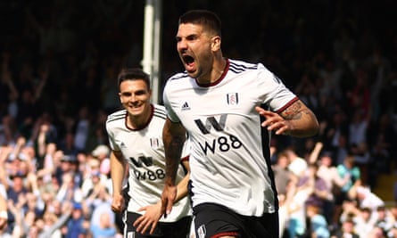 Aleksandar Mitrovic celebrates scoring his and Fulham’s second goal against Crystal Palace.