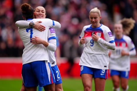 Lucy Bronze (second left) celebrates with Lauren James after scoring for England