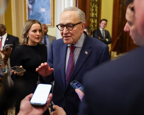 Chuck Schumer speaks with members of the media following a vote in the Senate on homeland security funding, 5 March 2026.