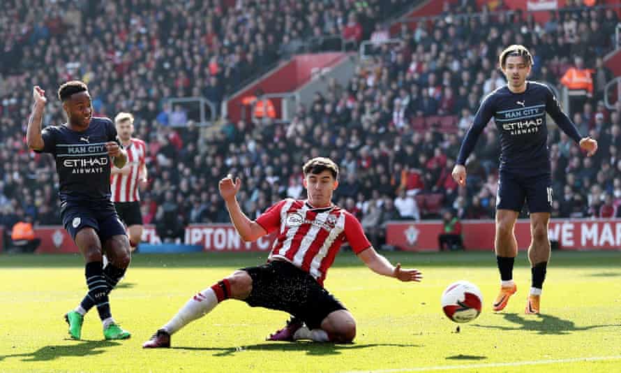 Raheem Sterling scores the opening goal for Manchester City against Southampton in the 12th minute