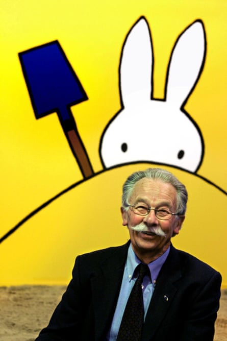 Dick Bruna posing at the opening of his exhibition Miffy Creations in the Hague in 2005.