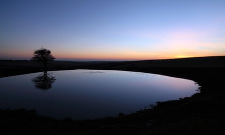 Dew pond on the South Downs at dusk.