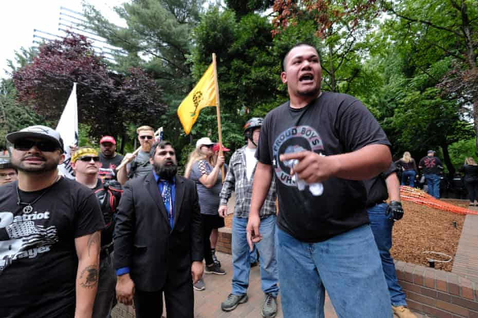 Tusitala 'Tiny' Toese (front) addresses far-right Patriot Prayer supporters after clashes broke out between anti-fascist counter-protesters June 3, 2018 in Portland, Oregon.