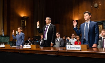 From left: Christina Montgomery, chief privacy and trust officer at IBM, Gary Marcus and Sam Altman appearing before the senate judiciary subcommittee meeting on AI oversight.