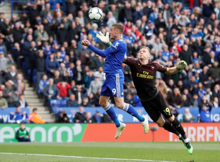 Vardy beats Leno to the rebound to head home The Foxes second goal.