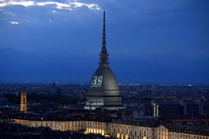 The Mole Antonelliana in Turin is illuminated in honour of the 39 victims who died in the Heysel disaster.
