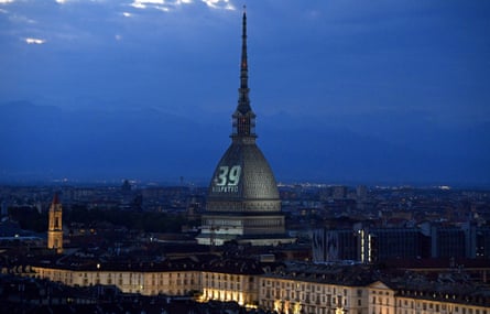 Turin’s Mole Antonelliana illuminated last week in honour of the victims of the Heysel Stadium disaster.