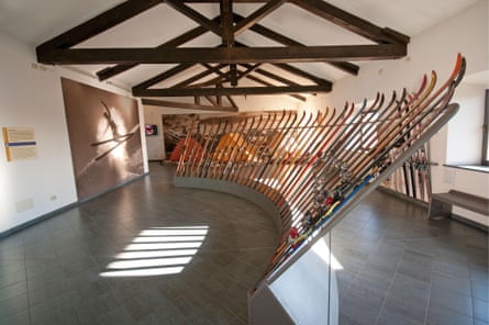 A display of skis in a museum